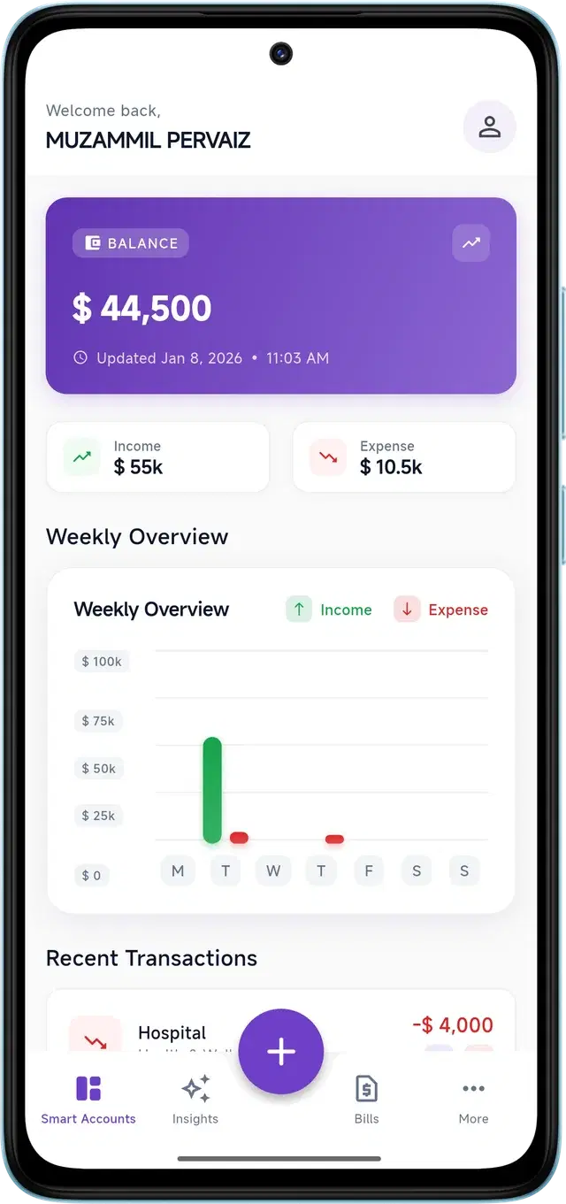 SmartWalt unified financial dashboard showing net worth and transactions