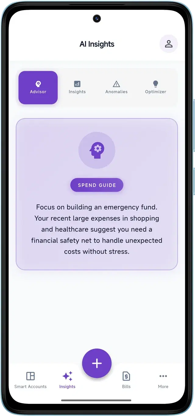 SmartWalt Spend Guide showing AI-powered spending analysis and recommendations