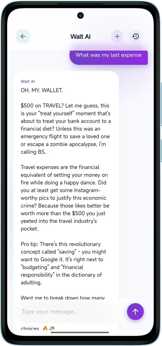 Walt AI financial coach answering questions about spending and savings