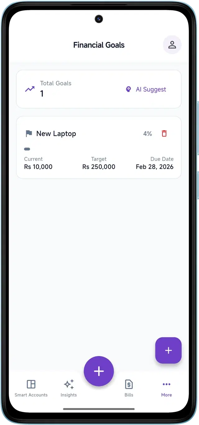 SmartWalt Goal Builder showing savings progress toward financial goals