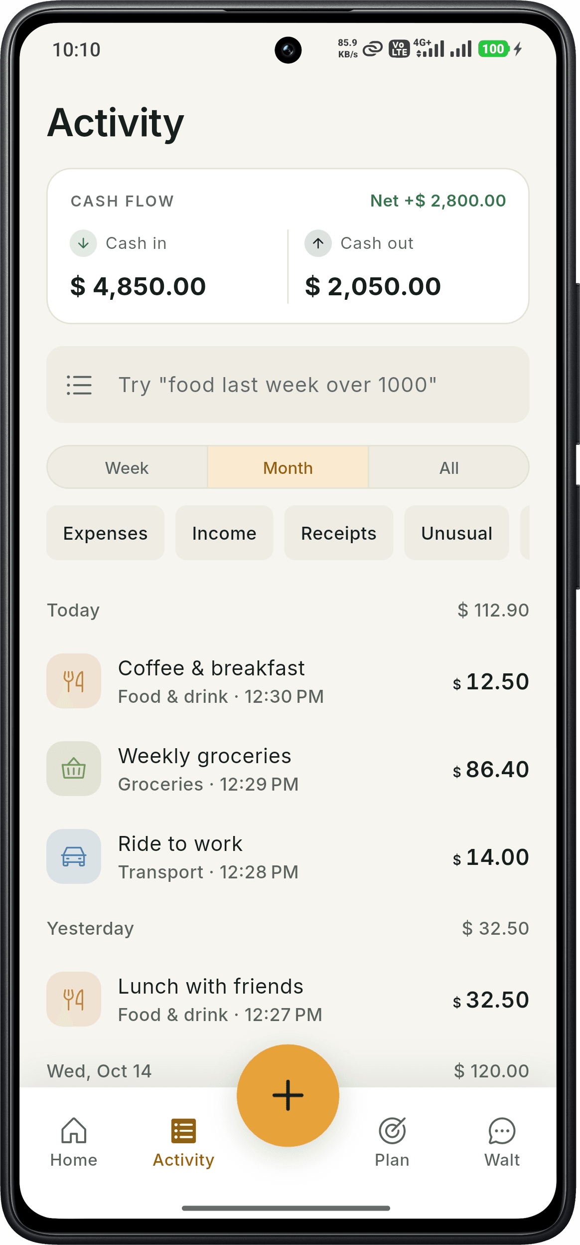 SmartWalt Activity screen with a Receipts filter and daily transactions