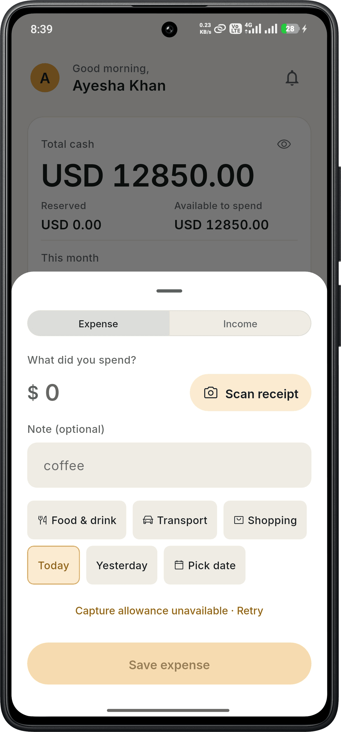 SmartWalt add expense screen with the Scan receipt button next to the amount