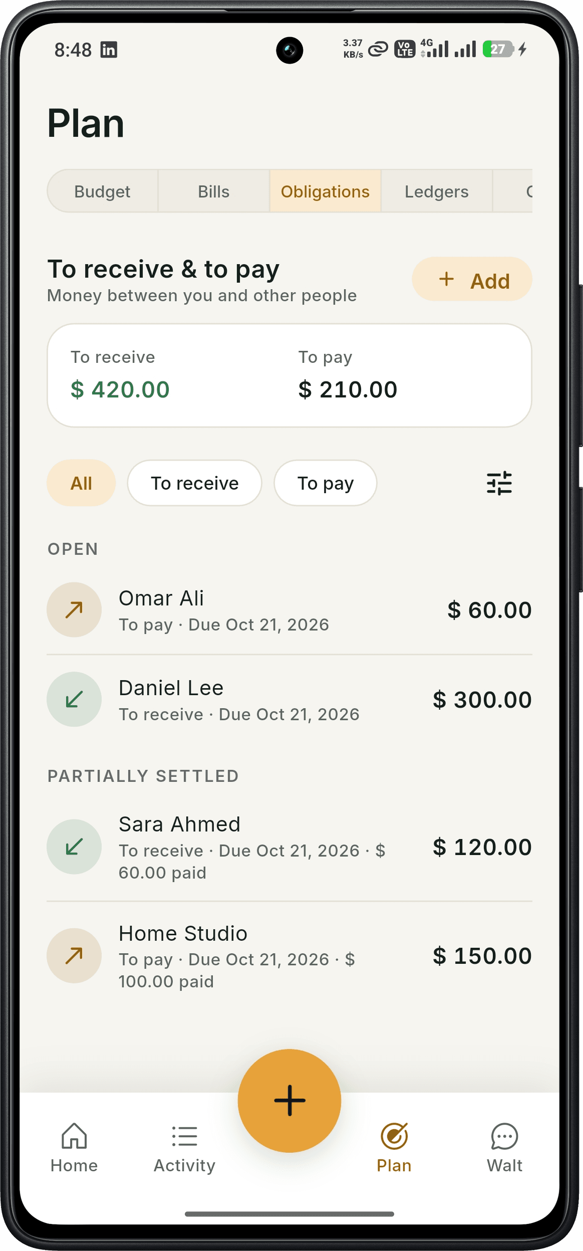 SmartWalt Obligations screen with To receive and To pay totals and partially settled items