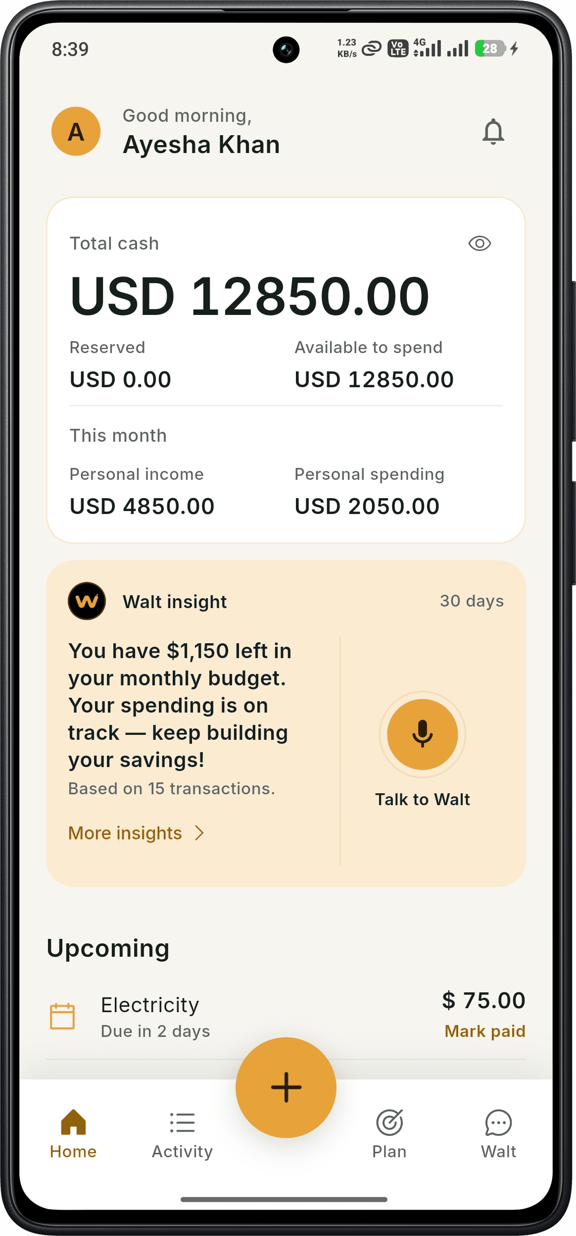 SmartWalt home screen with cash balance, Walt insight and upcoming bills