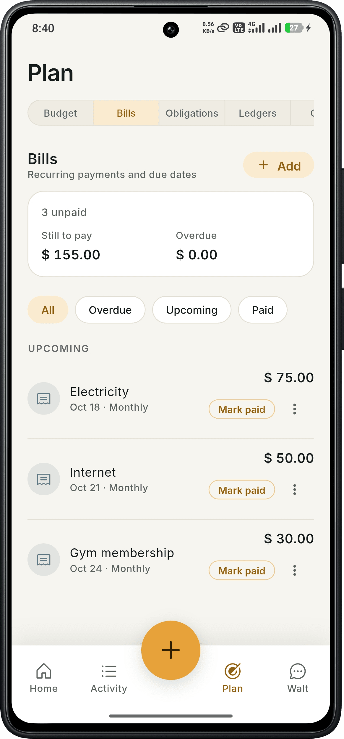 SmartWalt Bills screen with upcoming bills and Mark paid buttons