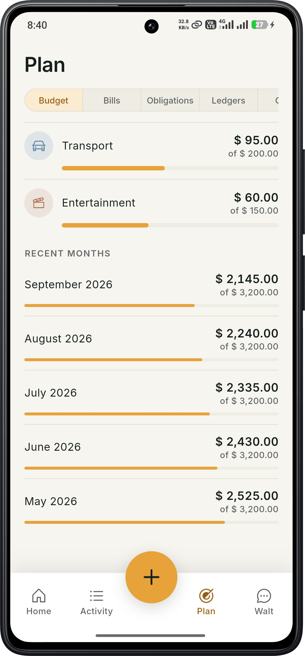 SmartWalt Budget screen with category limits and recent months