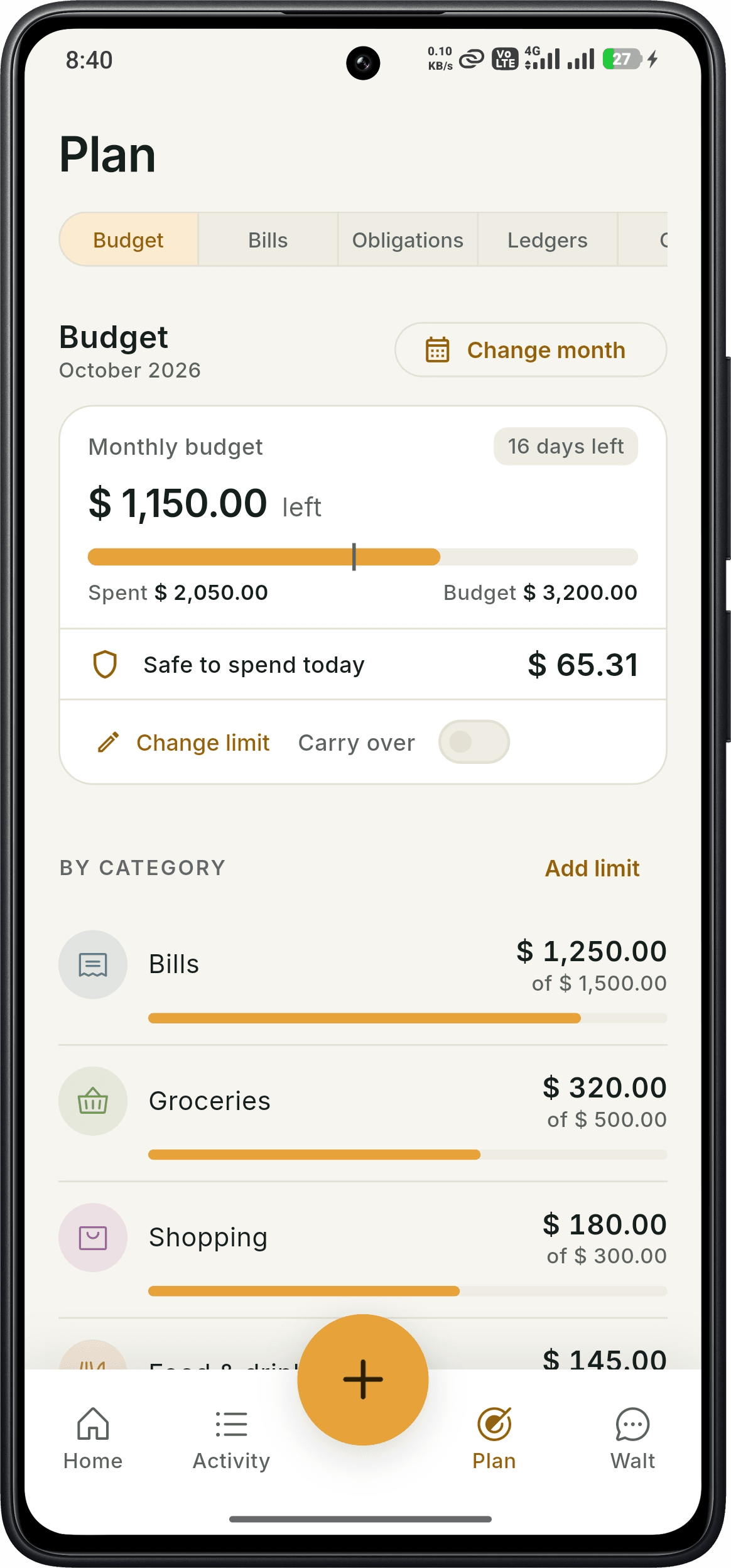 SmartWalt Budget screen with monthly budget left