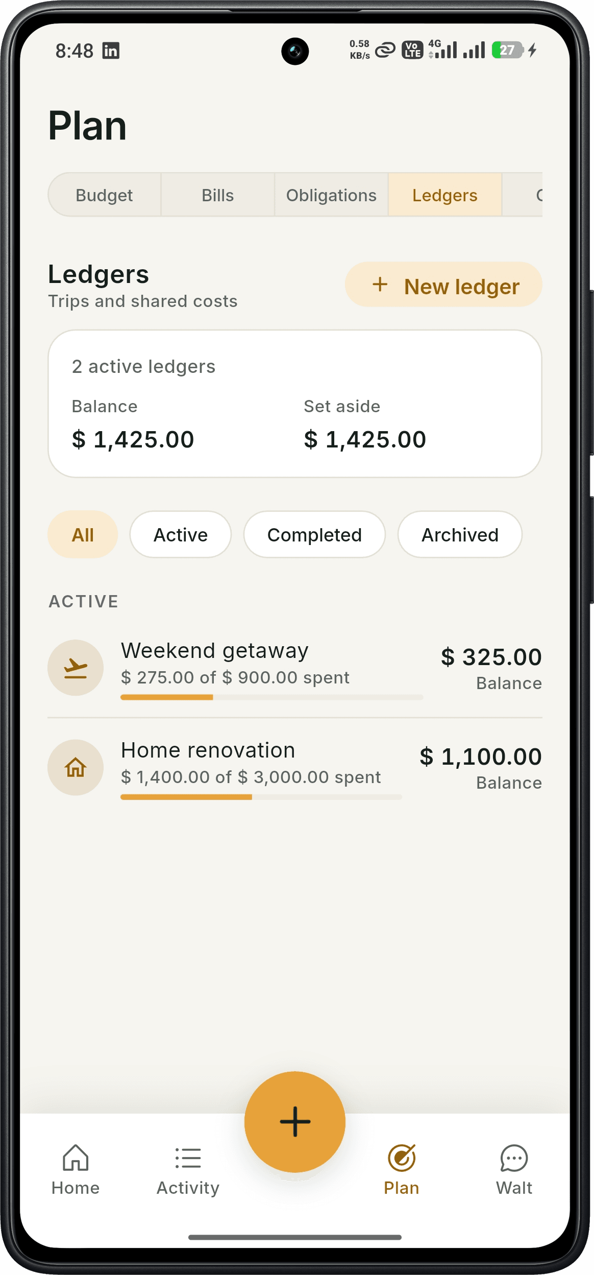 SmartWalt Ledgers screen with weekend getaway and home renovation