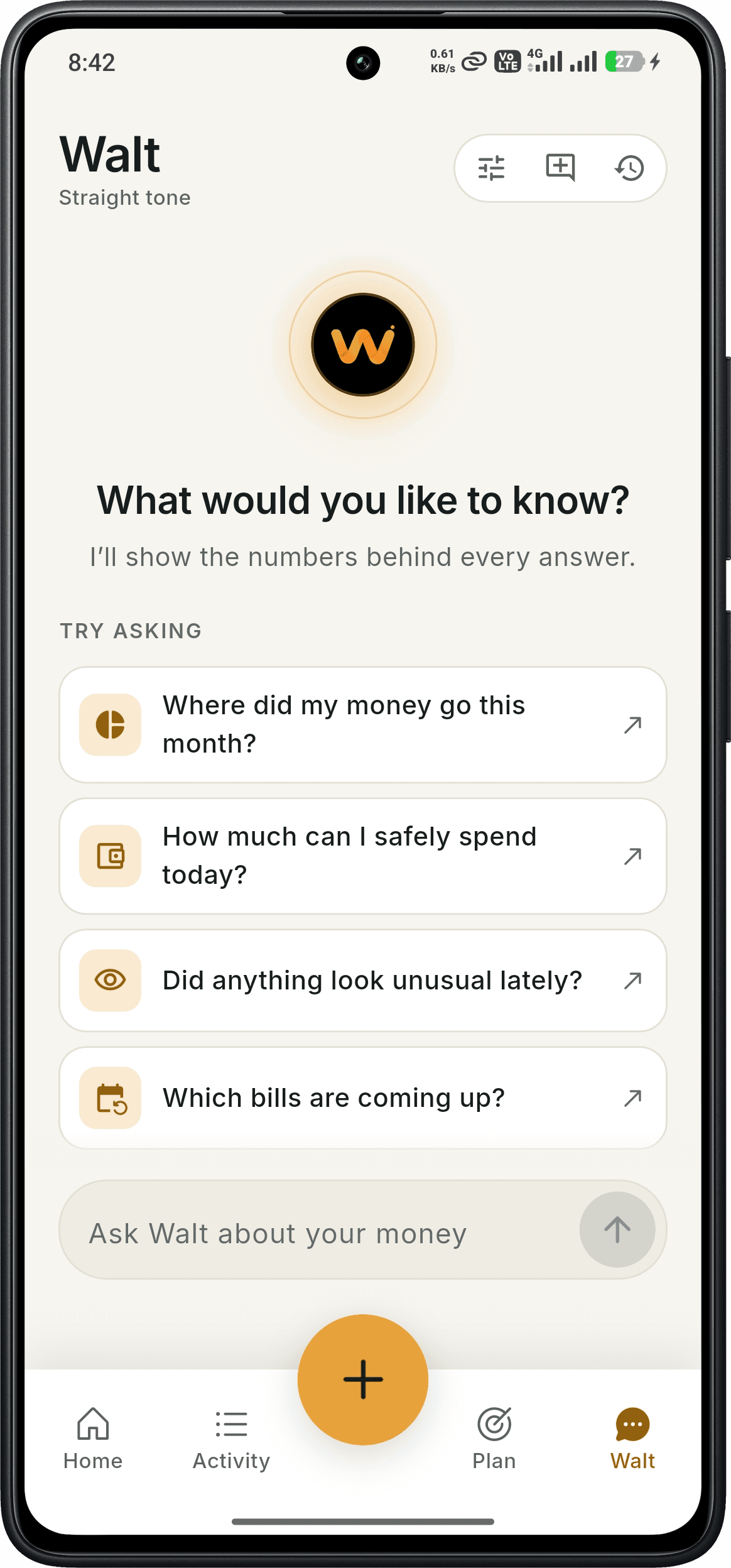 SmartWalt Walt chat with suggested questions about spending and bills
